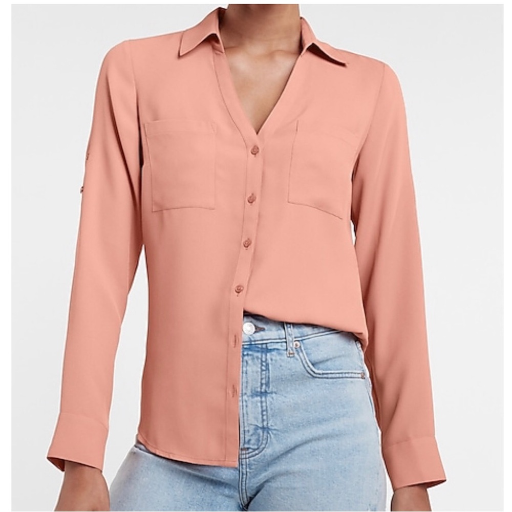 Express Solid Salmon Pink Portofino Button Up Long Sleeves Shirt Blouse Top XXS